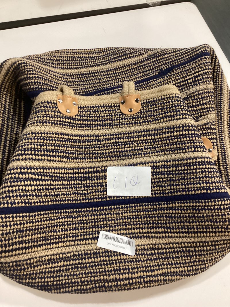 Condition photo showing As Is for Sapphire Blue Large Blanket Basket, 22"x22"x14" | Jute Blanket Basket Living Room, Laundry, Nursery | Toy Basket for Blankets, Toys, Hand Woven Crafted (Brown&Blue) Blue&Brown XXXL