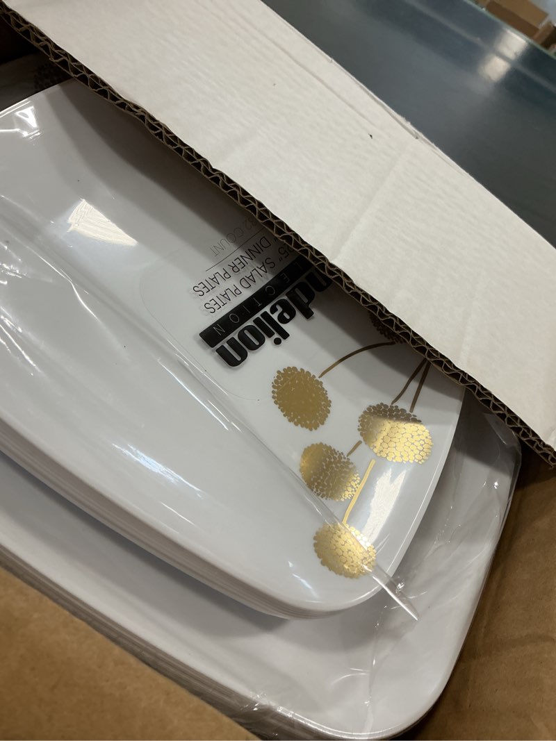 Condition photo showing New/Like New for PLASTICPRO Square 128 Piece Combo Plates Set includes 64 x 7'' inch Salad Plates & 64 x 10'' inch Dinner Plates White Plastic with Gold Dandelion Design Party Plates, heavyweight Elegant, 128 White / Gold Dandelion