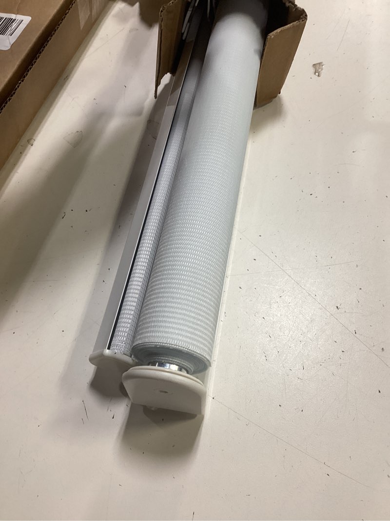 Condition photo showing As Is for lazblinds no tools no drill cordless zebra blinds for windows, dual layer light control for day and night, light filtering privacy roller blinds and shades for home, 35" w x 72" h, white white 35"w x 72"h