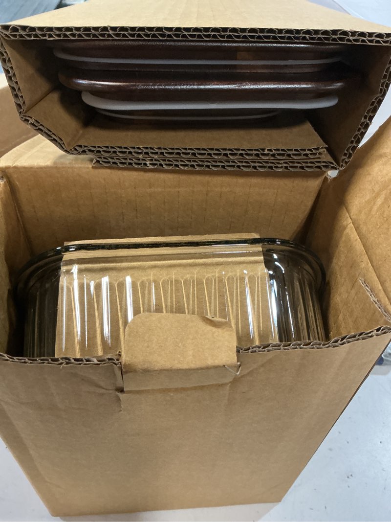Condition photo showing New/Like New for set of 4 stackable space-saving nesting glass bowls with airtight acacia lids for lunch, meal & food prep - microwave & oven-ready bpa free durable heat resistant inert borosilicate glass 4 ribbed containers with acacia lids