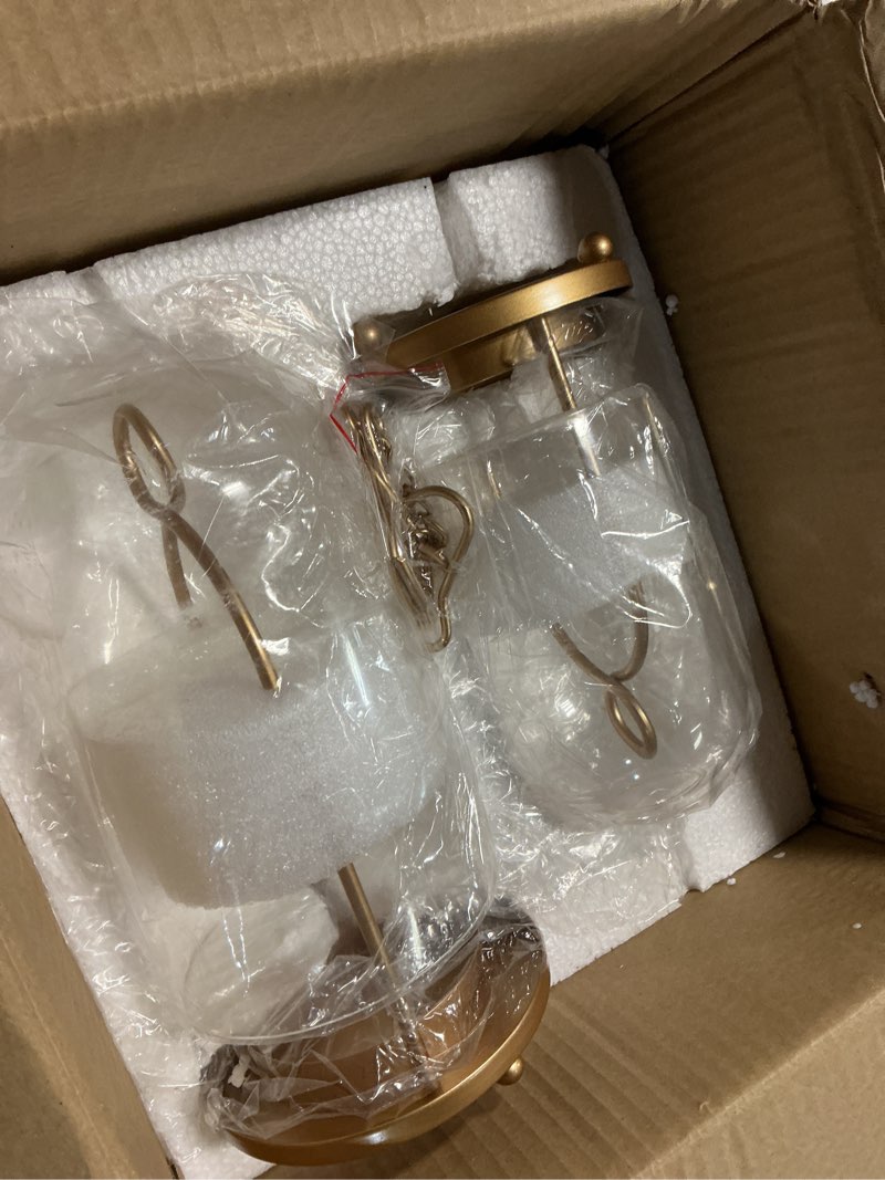 Condition photo showing New/Like New for glass hurricane candle holder decorative gold candle lantern, pillar candlestick holders set of 2, hanging metal holder modern table centerpieces, antique brass