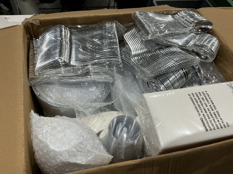 Condition photo showing Good Condition for wellife 450 pcs silver disposable dinnerware set for 75 guests, wedding plates silver plastic plates for party, including 75 dinner salad plates, cups, forks knives spoons for wedding and party 75 guests silver