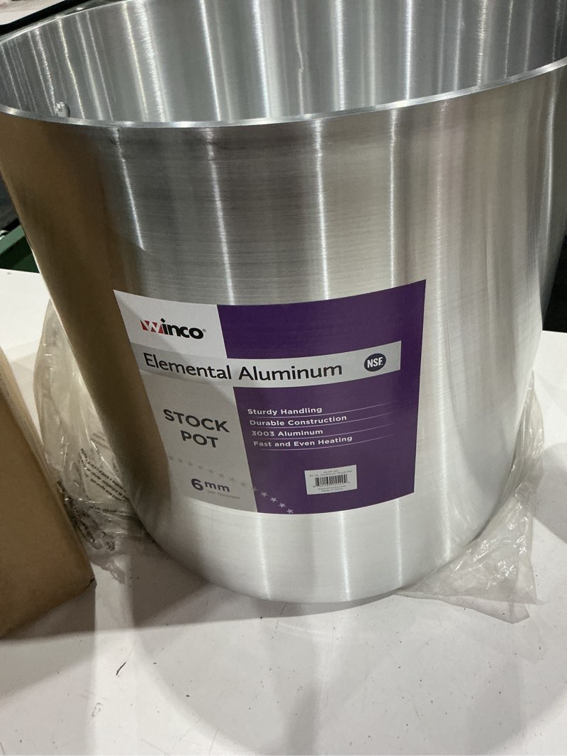 Condition photo showing New/Like New for winco 40 qt elemental, aluminum stock pot | heavy-gauge metal, tall sides, wide base even heat transfer, great for stocks, soups, pasta and batch cooking
