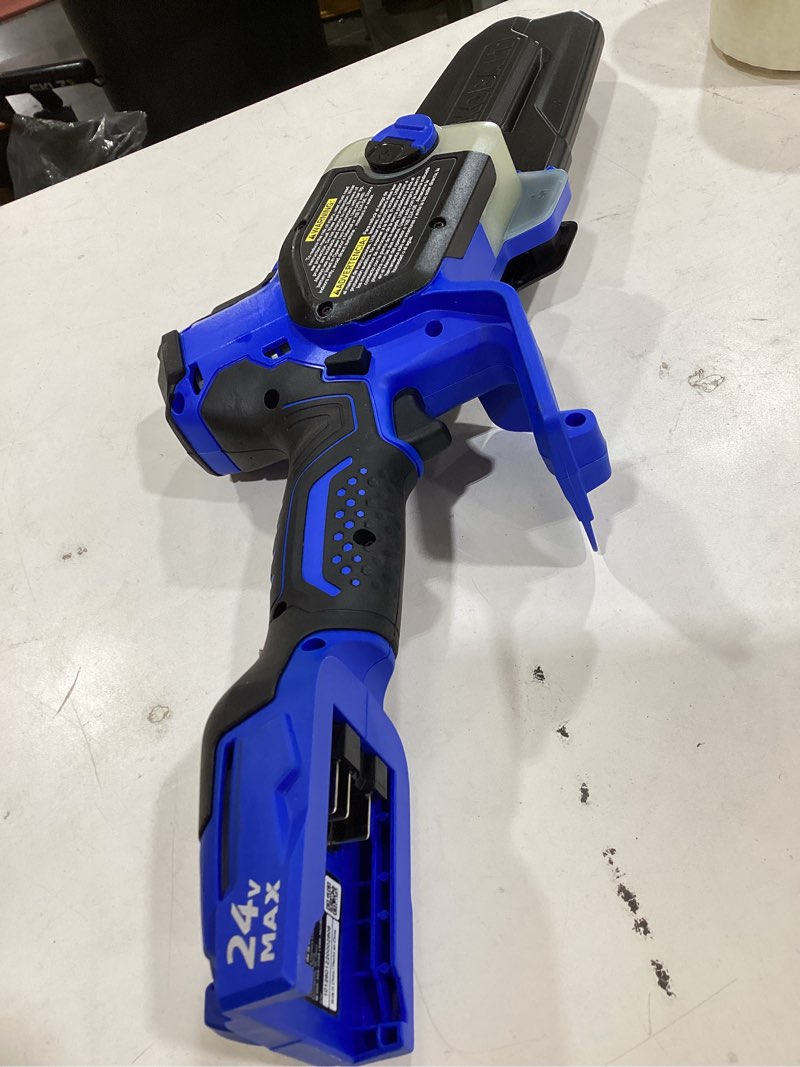 Condition photo showing As Is for seesii mini chainsaw, 6-inch mini chainsaw cordless, handheld electric power chain saw with 2 batteries, for tree trimming wood cutting, best gifts for father, dad, husband, men blue