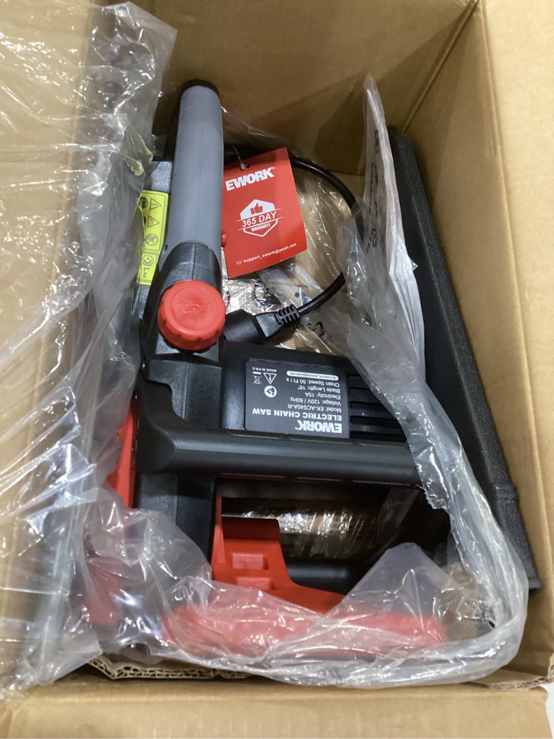 Condition photo showing As Is for ework electric chainsaw corded 16-inch 15 amp electric chain saws, corded chainsaw with tool-free chain tension, auto oiling, low kickback, electric chainsaw for tree cutting, pruning, firewood