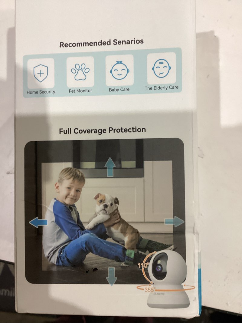 Condition photo showing As Is for Security Camera 2K, blurams Baby Monitor Dog Camera 360-degree for Home Security w/Smart Motion Tracking, Phone App, IR Night Vision, Siren, Works with Alexa & Google Assistant & IFTTT, 2-Way Audio White-1Pack