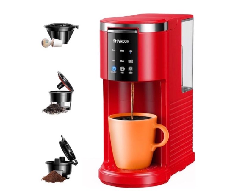 SHARDOR 3 in 1 Coffee Maker, K Cup Coffee Maker Compatible with Ground Coffee & Teas, Single Serve Coffee Machine, 6–14oz Brew Sizes, 40oz Detachable Water Reservoir, Descale Settings, Red