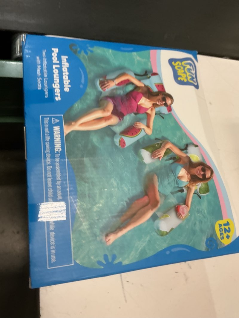 Condition photo showing New/Like New for funscape pool floats chairs adult, 2 packs heavy duty inflatable swimming pool lounges, fabric floating hammock seat, kid blow pool noodle, lake raft floaties, fun summer beach water party game—fruits fruits pattern