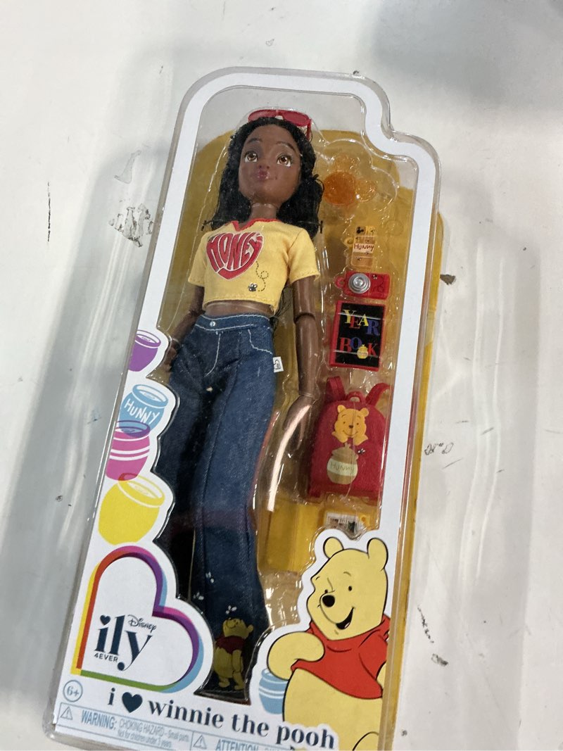 Condition photo showing New/Like New for disney ily 4ever fashion dolls, inspired by winnie the pooh 11.5" tall with 13 points of articulation, glittery mickey ring included for you!