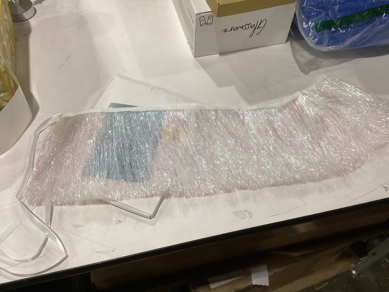 Condition photo showing As Is for xo, Fetti White Iridescent Fringe Banner - Ft. | Bachelorette Party Decorations, Birthday Party Decor, Baby Shower Supplies, Photo Booth Banner Backdrop