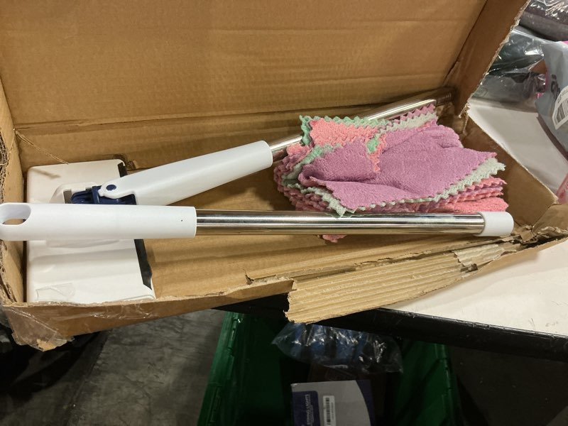 Condition photo showing New/Like New for snap grip mini mop, cloth changing mini mop, with 10 reusable cloths, stainless steel, one-click replacement design, for multi cleaning 32.7in/83cm