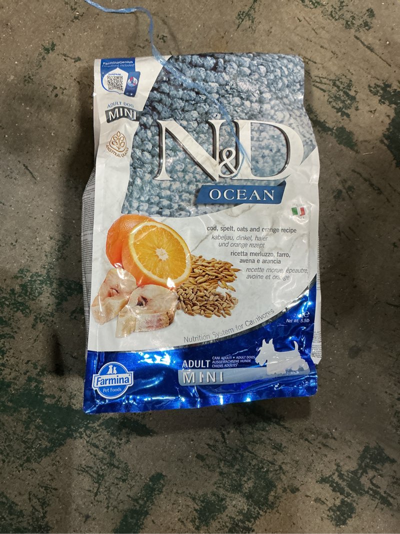 Condition photo showing New/Like New for (exp:08/12/2027) farmina pet foods cod, spelt, oats & orange adult mini