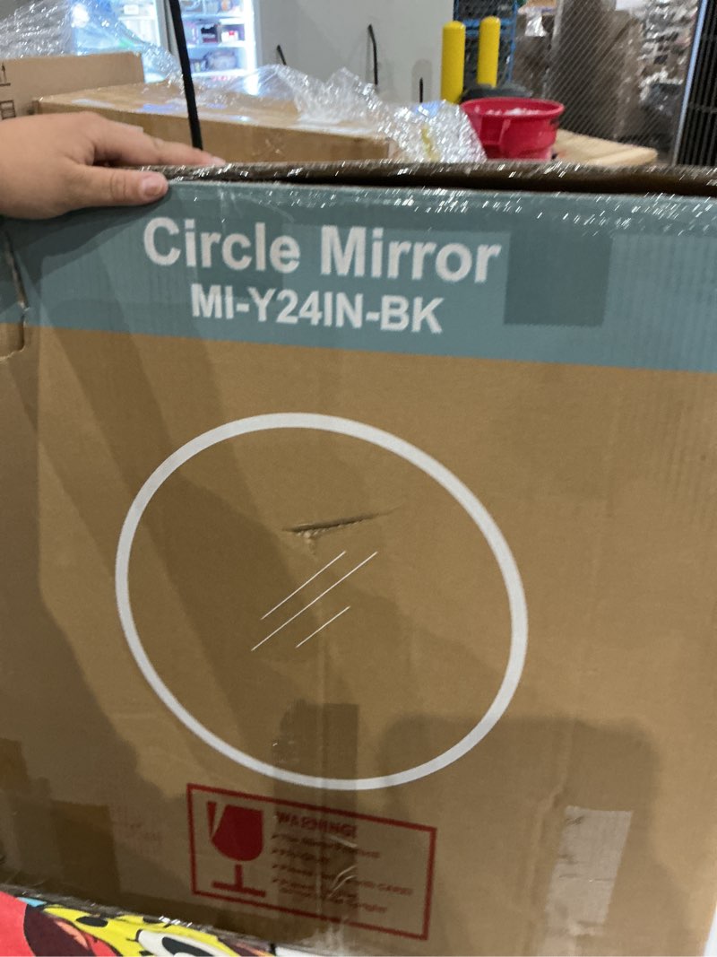 Condition photo showing New/Like New for bathroom mirror for wall, 24 inch round mirror, matte black metal framed circle vanity mirror for bathroom bedroom living room entryway, anti-rust, tempered glass, hanging or leaning round 24"l x 24"w matte black