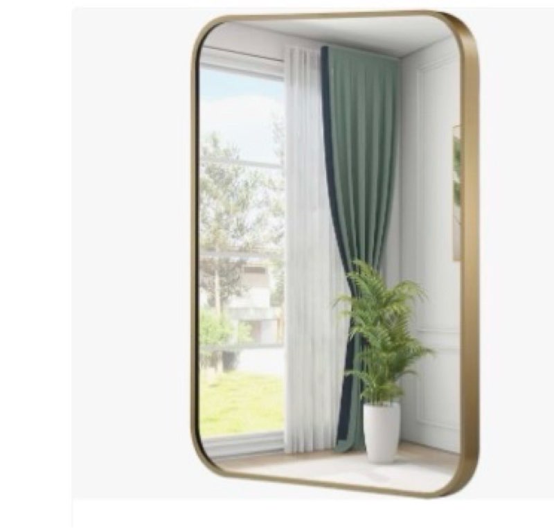 JENBELY Gold Mirror, 24x36 Inch Framed Rectangle Mirror with Rounded Corner, Brushed Brass Mirror, G