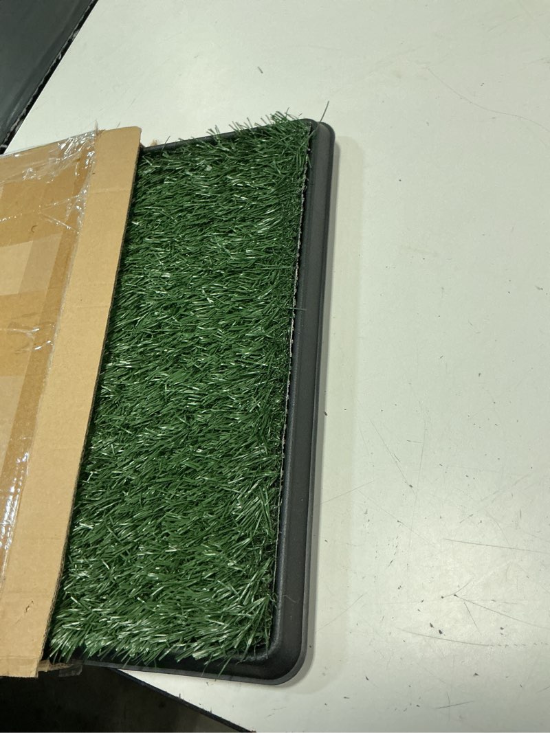 Condition photo showing As Is for artificial grass puppy pad with tray 16x20 inch | reusable indoor & outdoor dog potty training mat system | washable fake grass pet housebreaking pad for puppies & small to medium dogs by petmaker small 3-layer system