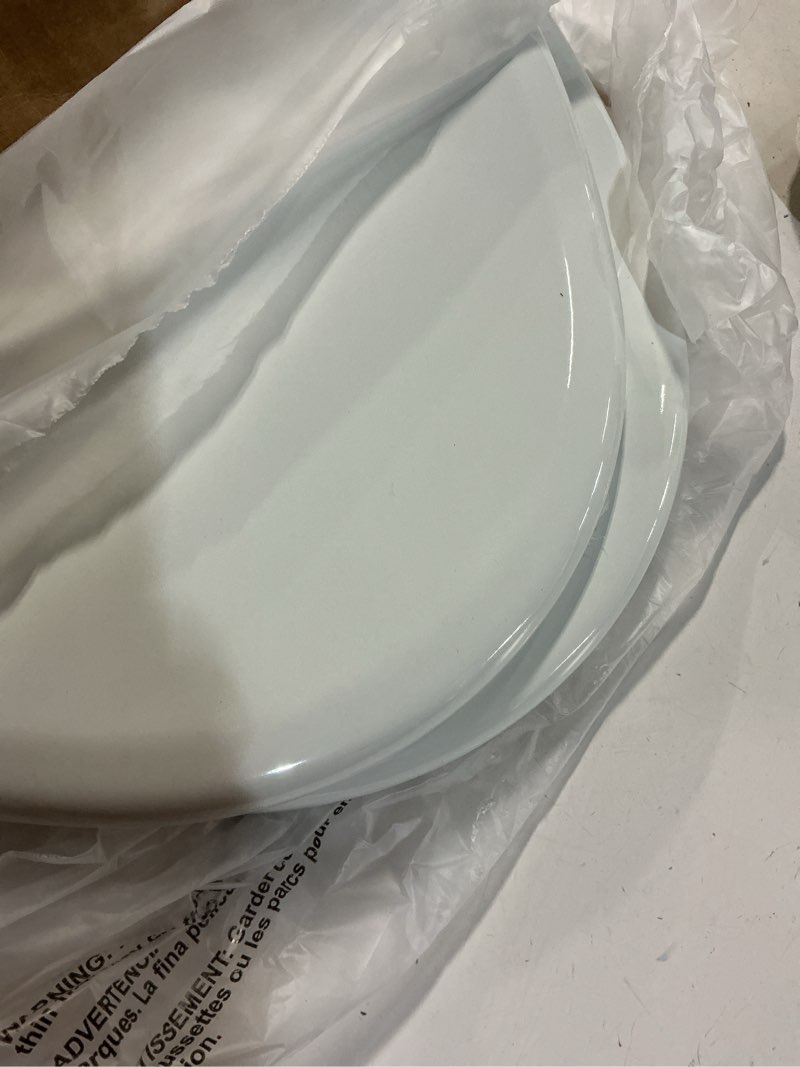 Condition photo showing As Is for Mayfair Linden Slow Close Toilet Seat, Non Slip Heavy Duty Wood, Easy Install, Elongated, White
