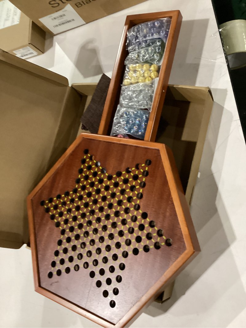 Condition photo showing Good Condition for 17" chinese checkers board game, large wooden game board for 2-6 player, 16mm 60+12 colorful glass marbles w/storage drawer, adults kids fun family gathering game set