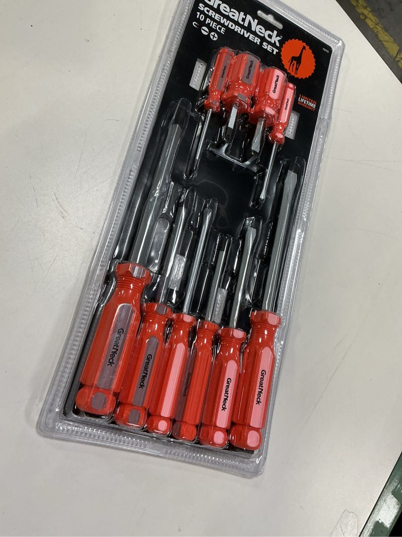 Condition photo showing New/Like New for GreatNeck 73773 10 Piece Screwdriver Set, Phillips and Slotted Screwdriver Kit, Magnetic Tips, Impact-Resistant Handle with Fluted Design for Sure Grip Driver Set 10 PIECE