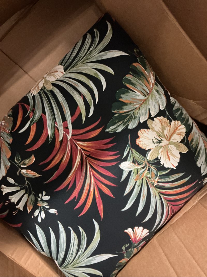 Condition photo showing Good Condition for arden outdoor plush modern tufted blowfill dining chair cushion, 21 x 40, water repellent, fade resistant, tufted cushion for dining and bistro chairs, simone black tropical modern simone black tropical