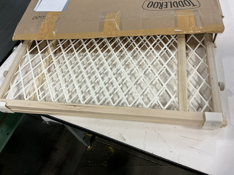 Condition photo showing Good Condition for toddleroo by north states - diamond mesh wooden baby gate: pressure mounted baby gate for doorways - adjustable 26.5 to 42 inches wide - 23 inches tall