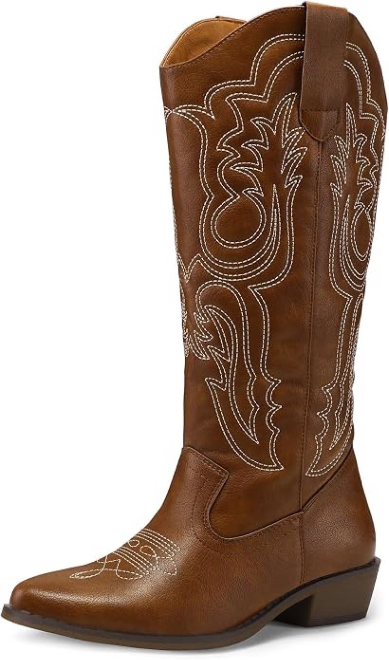 mysoft women's cowboy boots mid calf western embroidered pointed toe chunky heel pull on cowgirl boo