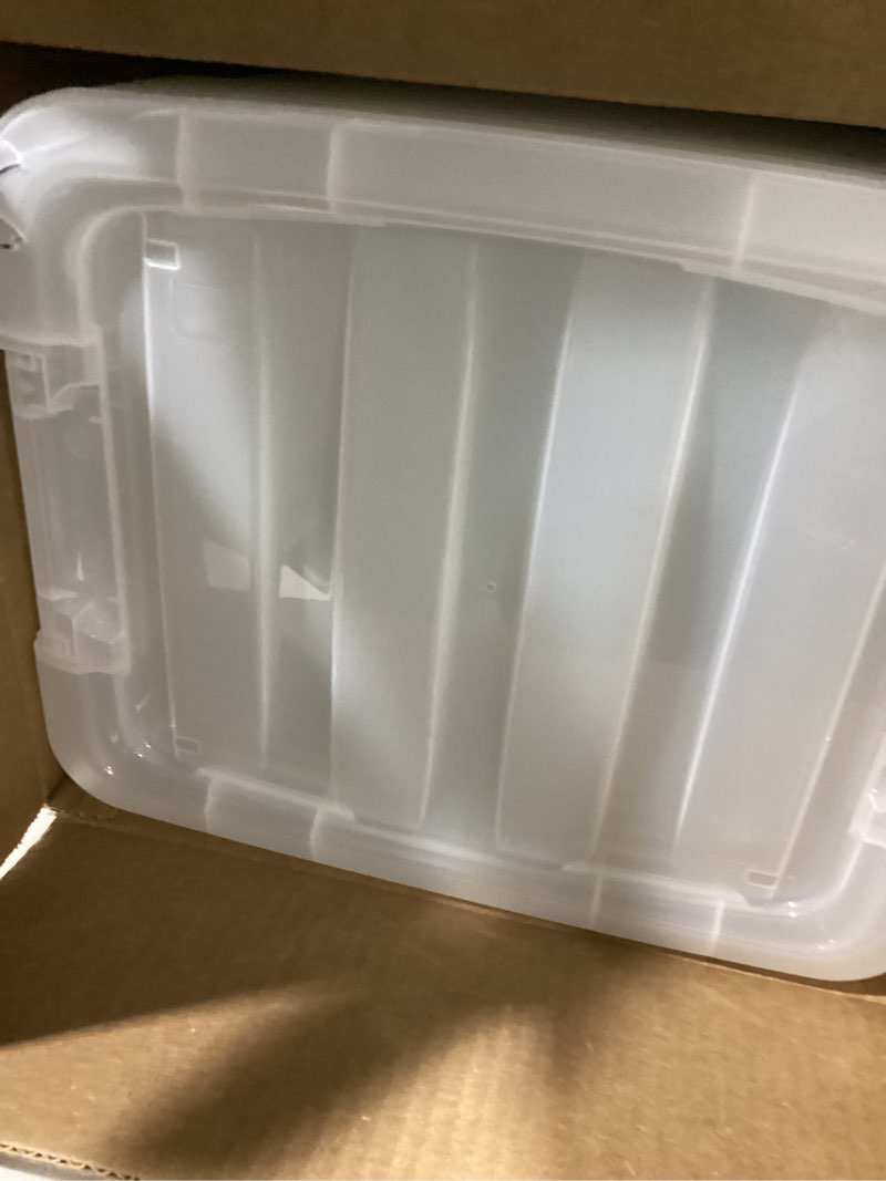Condition photo showing As Is for IRIS USA 19 Qt Stackable Plastic Storage Bins with Lids, 6 Pack - BPA-Free, Made in USA - See-Through Organizing Solution, Latches, Durable Nestable Containers, Secure Pull Handle - Clear Clear 19 Qt 6 Pack