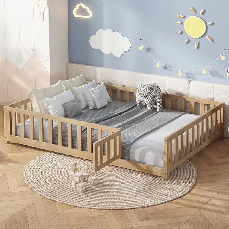 BW00050AAM  Bellemave Floor Bed Full Size Montessori Bed Frame with Fence and Door, Wooden Full Platform Bed for Kids, Boys Girls, Solid Wood Full Bed, No Box Spring Needed,Natural