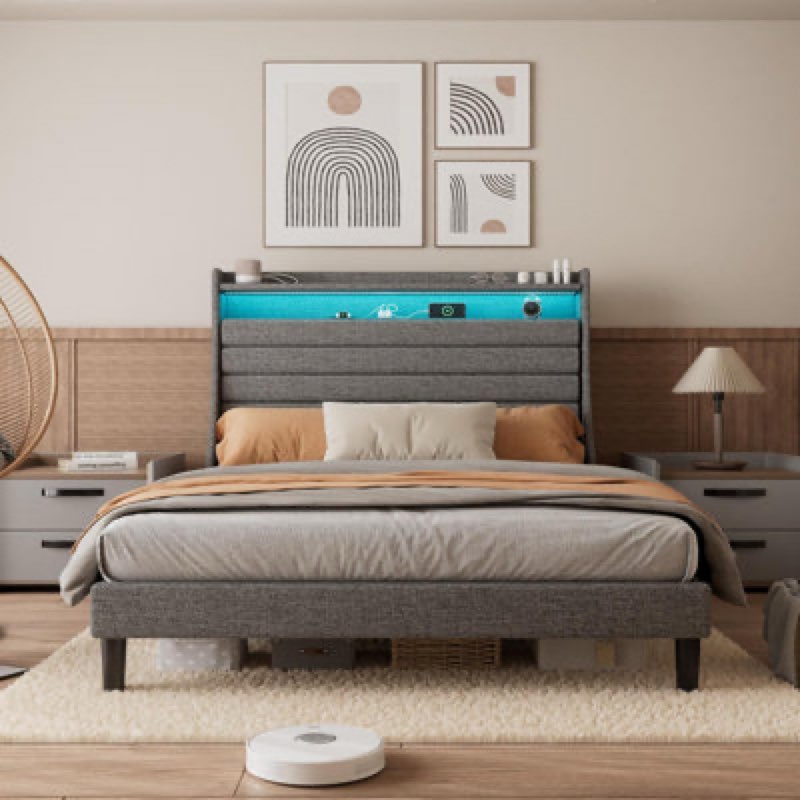 Bed with Bookcase Storage Headboard, Upholstered Bed with Power Outlets &  RGB LED Lights Size: Full/Double, Color: Gray