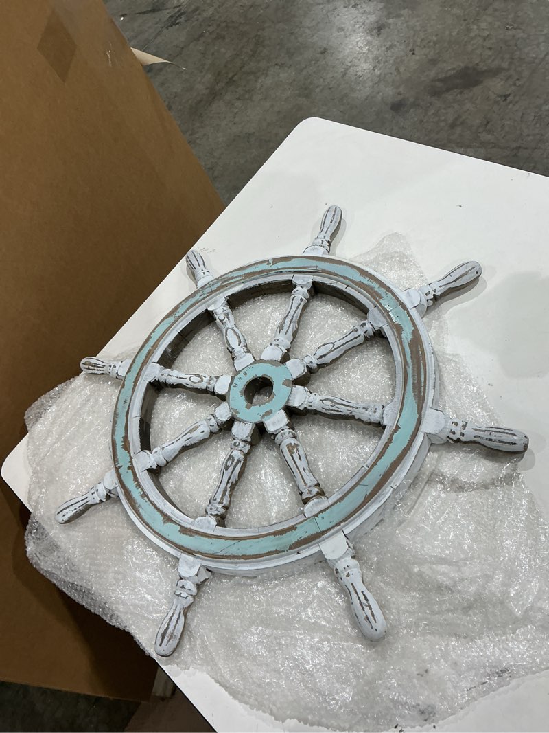 Condition photo showing Good Condition for deco 79 wood sail boat home wall decor distressed ship wheel wall sculpture with white accents, wall art 24" x 2" x 24", blue