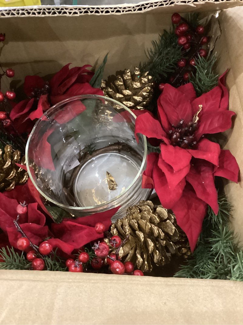 Condition photo showing Good Condition for Nearly Natural Poinsettia, Berry and Golden Pine Cone Candelabrum Artificial Silk Arrangements Red 6"D x 14"W x 14"H