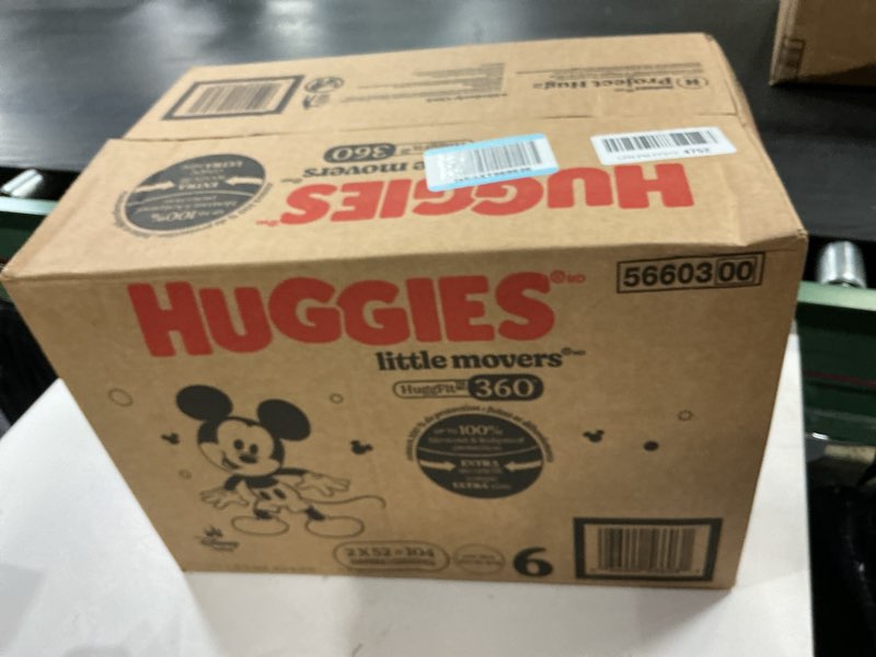 Condition photo showing New/Like New for huggies size 6 baby diapers, little movers huggfit 360° baby diapers with 360° waistband, size 6 (35+ lbs), 104 count (2 packs of 52), packaging may vary size 6 104
