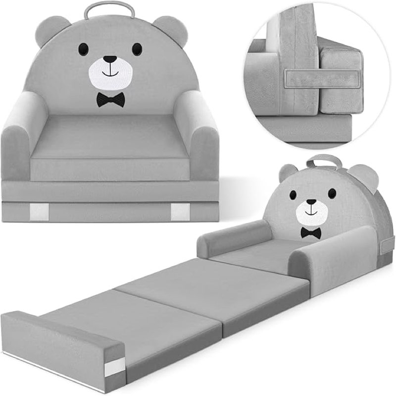 kids sofa bed with removable washable cover & magic-tape backrest – foldable toddler chair, cozy crystal velvet furniture for playtime, naps & travel (soft grey, bear design)