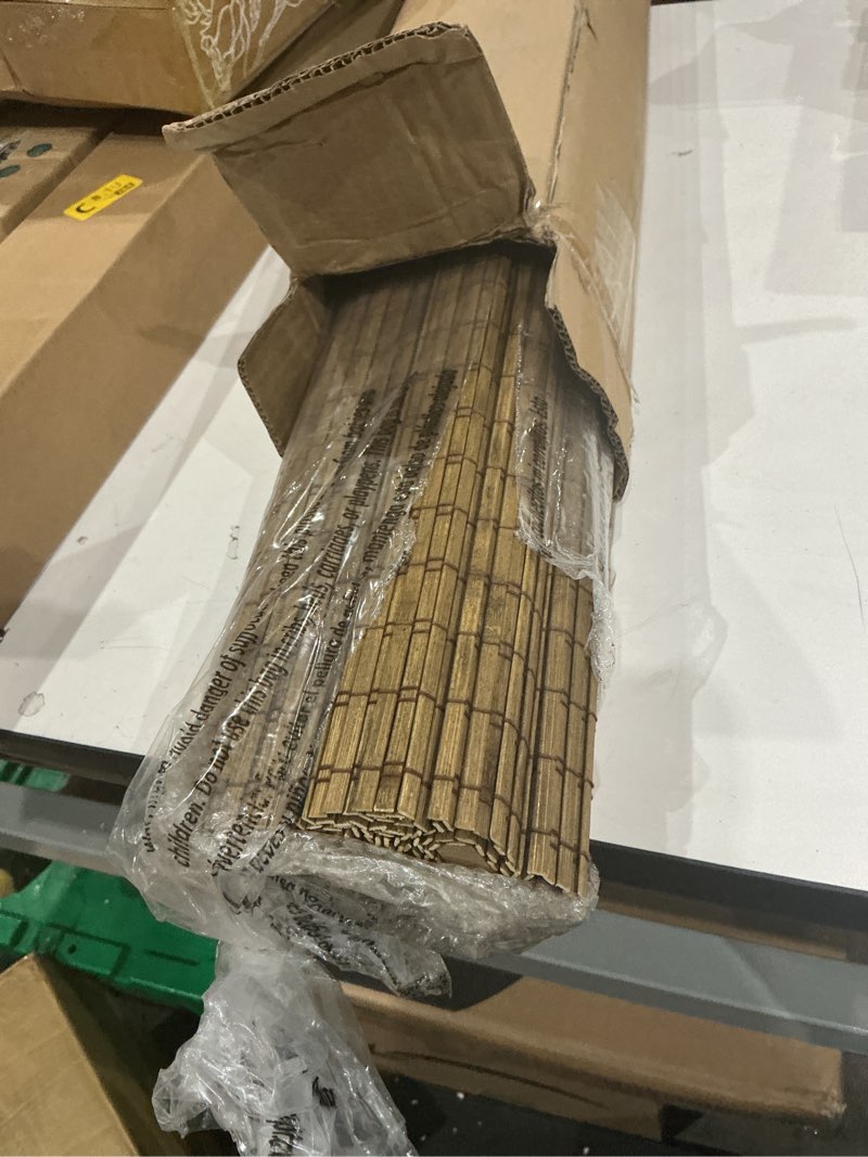 Condition photo showing As Is for lazblinds cordless bamboo roman shades, privacy blinds for interior windows, room darkening roll up bamboo blinds for home & patio, 29.5" w x 64" h, highfield teak pricacy - highfield teak 29.5" w x 64" h
