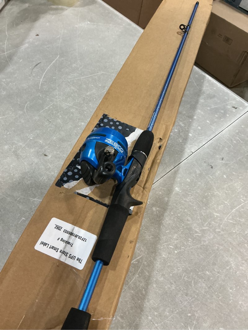 Condition photo showing Good Condition for zebco slingshot spincast reel and fishing rod combo, 2-piece fishing pole, right-hand retrieve, pre-spooled with 10-pound zebco line blue reel&fishing rod combo