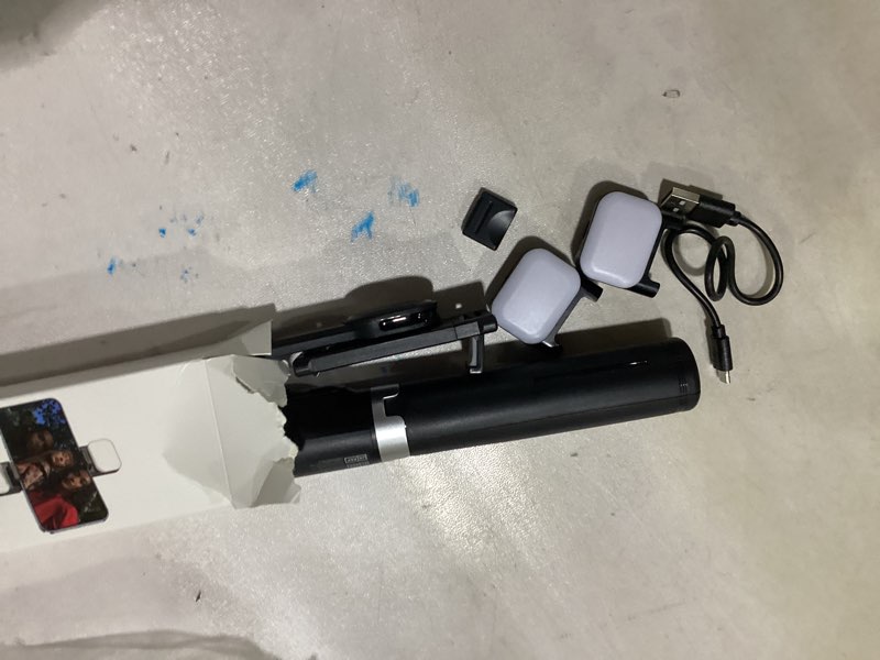 Condition photo showing As Is for selfie stick tripod with light, 45'' selfie stick with wireless remote, portable phone tripod compatible with iphone 16/15 pro max/15/14 pro/14/13, samsung s22/ s23 ultra/android smartphone black - 45" standard height
