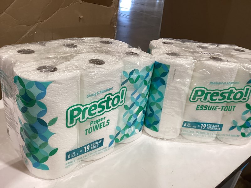 Condition photo showing New/Like New for amazon brand - presto! flex-a-size paper towels, 158 sheet huge roll, 12 rolls (2 packs of 6), equivalent to 38 regular rolls, white 6 count (pack of 2) white