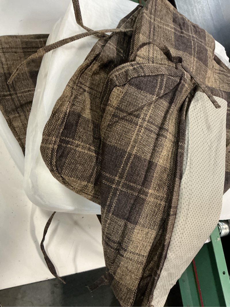Condition photo showing As Is for AAAAAcessories D-Shaped Chair Cushions, 2" Thick Dining Chair Pads with Ties and Removable, Machine-Washable Cover, 17" x 16", Set of 4, Brown Checkered Brown Checkered 4 Count(Pack of 1)