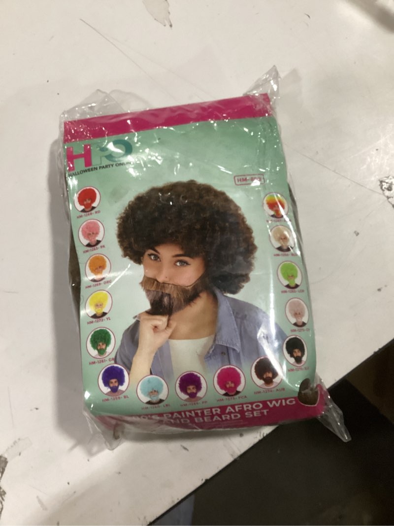 Condition photo showing Good Condition for HPO Adult Unisex 80's Painter Brown Afro Wig and Brown and Patches of Gray Beard Set | Easy and Clas