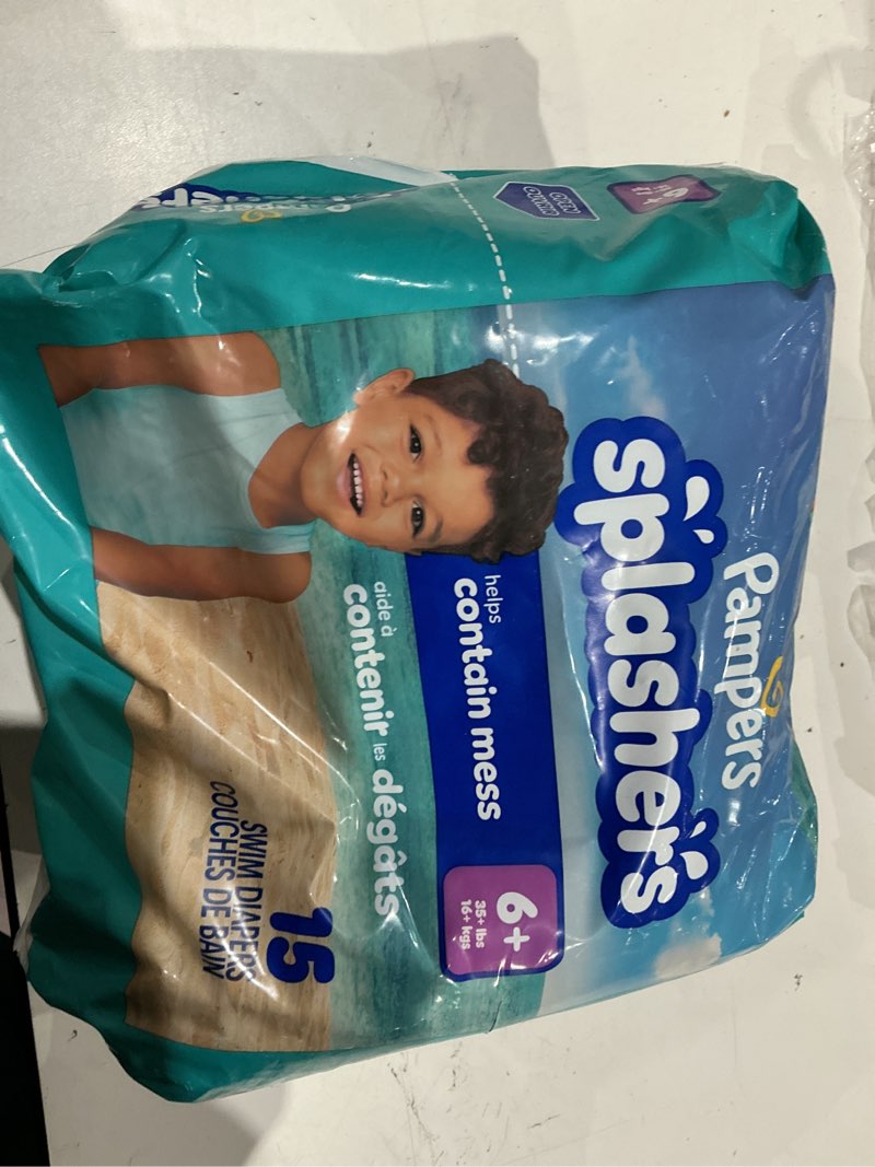 Condition photo showing New/Like New for pampers splashers swim diapers, size 6+, 15 count, disposable swim diapers, contains mess, no swell