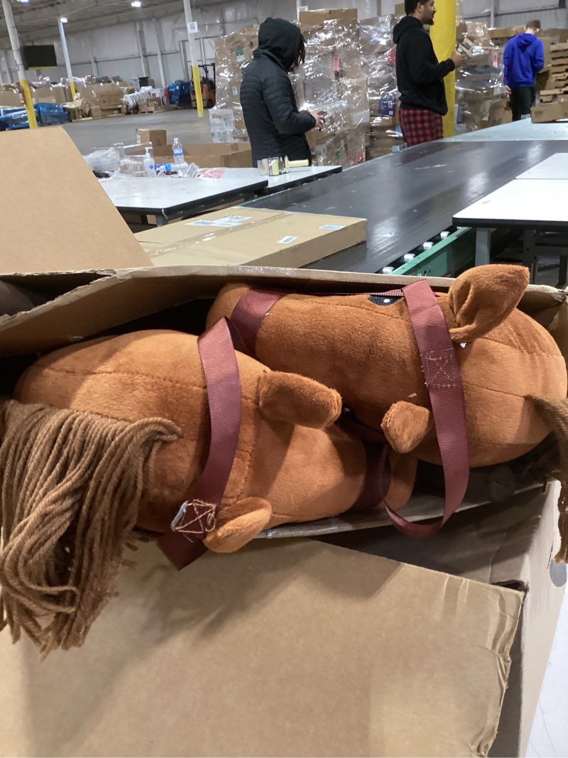 Condition photo showing As Is for Poen 8 Pcs Light Brown Horse Stick with Sound Red and Blue Bandana Set 27.6'' Toys Stick Horse Western Cowboy Bandana Horse Head Stick with Neighing Sound for Boys Girls Fun Pretend Games