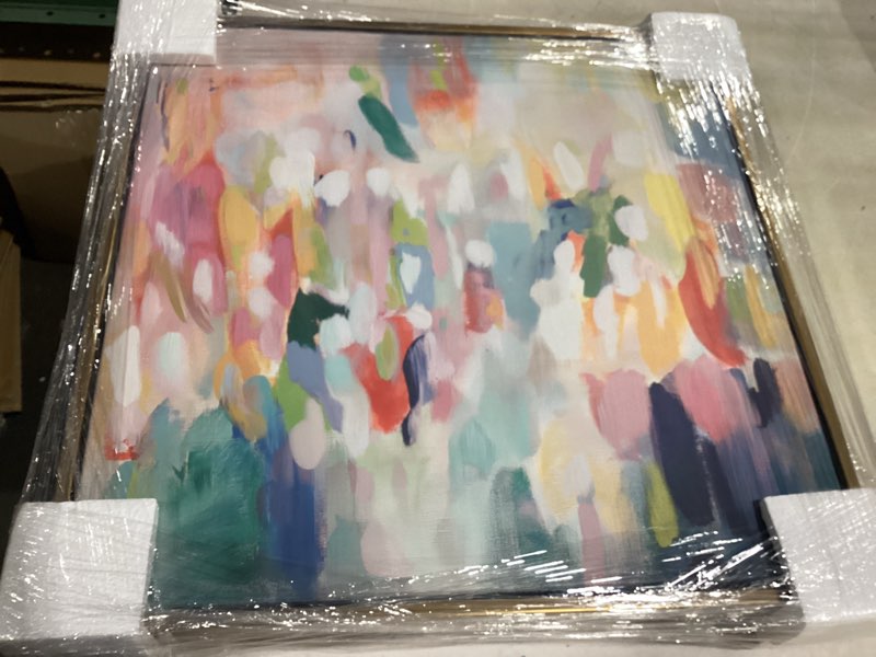 Art Remedy \"Imprints of Touch I\" canvas features a vibrant, floral abstract design framed in black