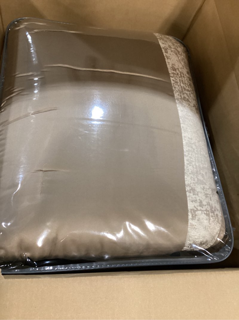 Condition photo showing New/Like New for Madison Park Luxury Comforter Set-Traditional Jacquard Design All Season Down Alternative Bedding, Matching Bedskirt, Decorative Pillows, Cal King(104"x92"), Ava, Pieced Taupe 7 Piece Pieced Taupe Cal King(104"x92")