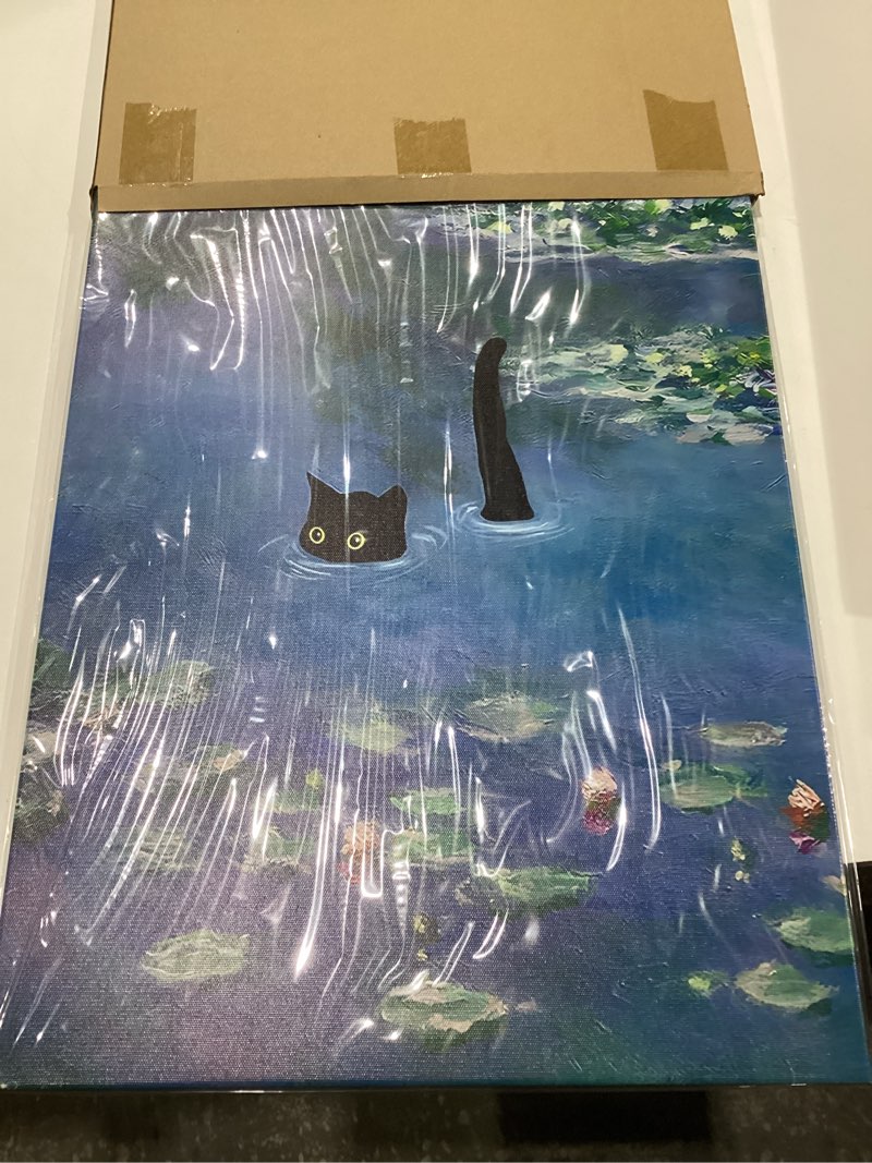 Condition photo showing New/Like New for Gwindrise Black Cat Wall Art Paintings: Monets Black Cat in the Water Lily Pond 12x16-Inch Framed Canvas Wall Art Print for Living Room, Bedroom, Bathroom Decor, Vintage Prints Funny Gifts 12"L x 16"W