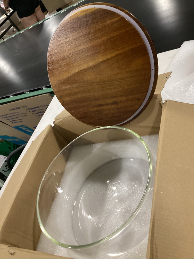 Condition photo showing New/Like New for 197 oz large glass trifle bowl, glass salad bowl with acacia wood lid, premium serving bowls for cake, salad, fruit, baking, dessert, meal prep, storing, microwave & oven safe, bpa free clear - acacia lid 10 inch