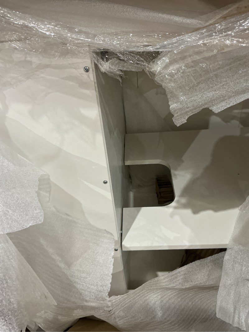 Condition photo showing As Is for allen + roth rigsby  white undermount single sink bathroom vanity with white engineered marble top