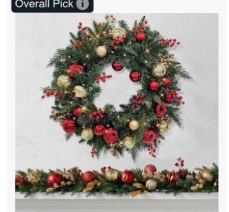 Christmas Lighted Wreath for Front Door, 28 Inches Pre-Lit 35 LED Lights, Red and Golden Artificial 