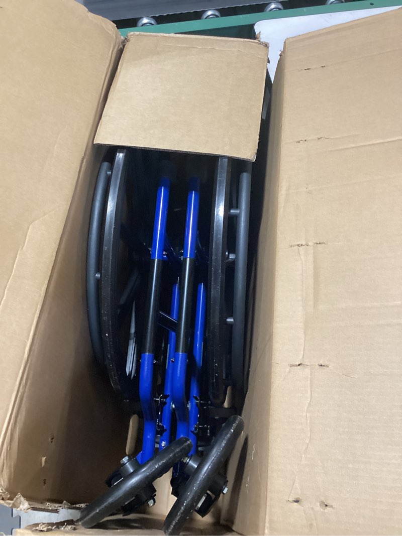 Condition photo showing Good Condition for Drive Medical Blue Streak Lightweight Foldable Wheelchair - Enhanced Mobility Support - Durable Construction - Padded Comfort - Swing-Away Leg Rests - Desk Arms - Blue/Black - 18 Inch Seat