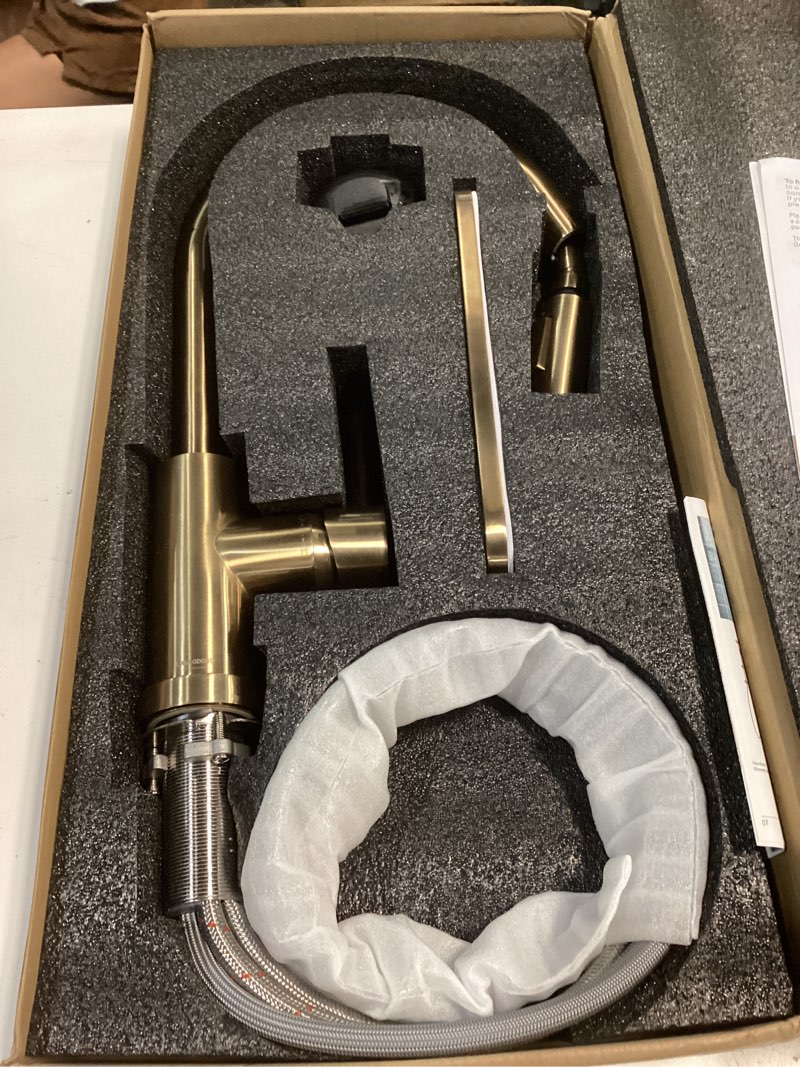 Condition photo showing Good Condition for lava odoro champagne gold kitchen faucet with pull down sprayer, single handle kitchen sink faucet, gold faucet for kitchen sink 1 hole and 3 hole, deck plate included, kf421-cb champagne gold standard