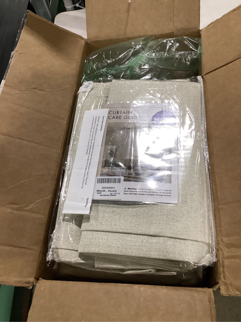 Condition photo showing New/Like New for MIULEE 100% Blackout Linen Textured Curtains for Bedroom Solid Thermal Insulated Cream Grommet Room Darkening Curtains & Drapes Luxury Decor for Living Room Nursery 52 x 72 Inch (2 Panels) Cream 52"W x 72"L (Pack of 2)