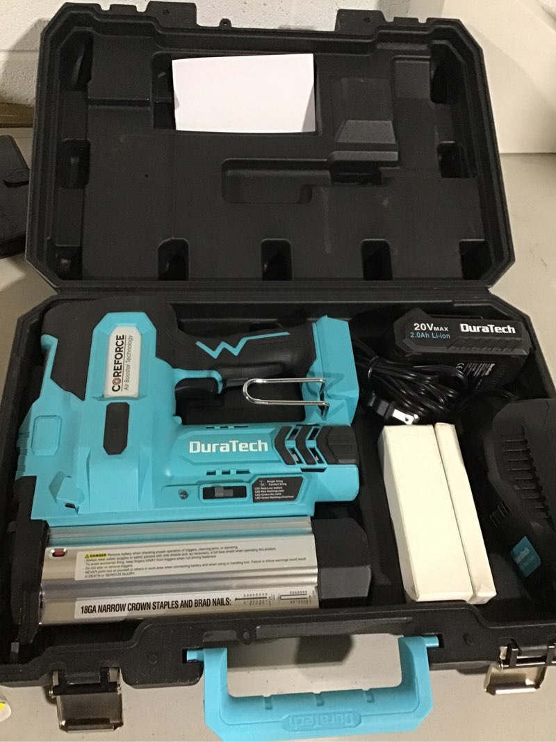 Condition photo showing New/Like New for duratech 20v cordless brad nailer, 18 gauge, 2-in-1 nail/staple gun for upholstery, carpentry, including 2.0ah rechargeable battery, 1h quick charger, 1000 staples, 1000 nails and carrying case